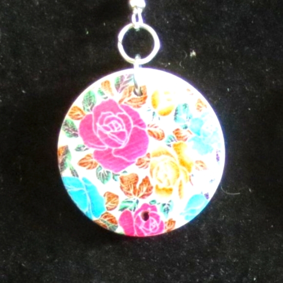 Hand Crafted Pierced Earrings Roses Buckskin Blue Magenta Wood Floral Print - Picture 2 of 5